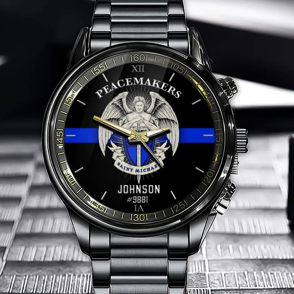 Personalized Peacemakers Saint Michael The Police Angle Blue Line Custom Name Watch VQ24910