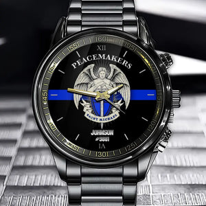 Personalized Peacemakers Saint Michael The Police Angle Blue Line Custom Name Watch VQ24910