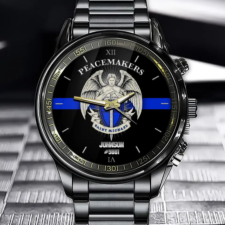 Personalized Peacemakers Saint Michael The Police Angle Blue Line Custom Name Watch VQ24910