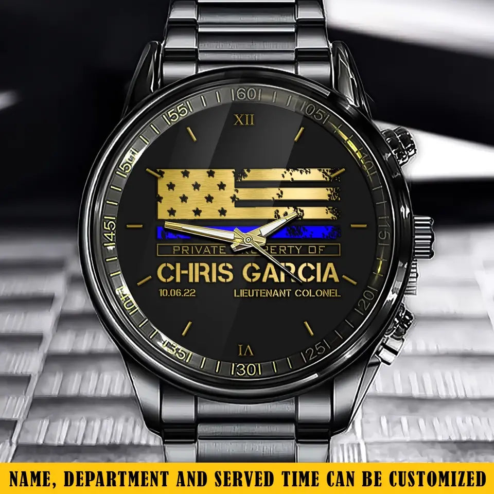 Personalized Thin Blue Line US Flag Private Property Of US Police Custom Name & Time Watch Printed QTKH24957
