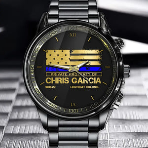 Personalized Thin Blue Line US Flag Private Property Of US Police Custom Name & Time Watch Printed QTKH24957
