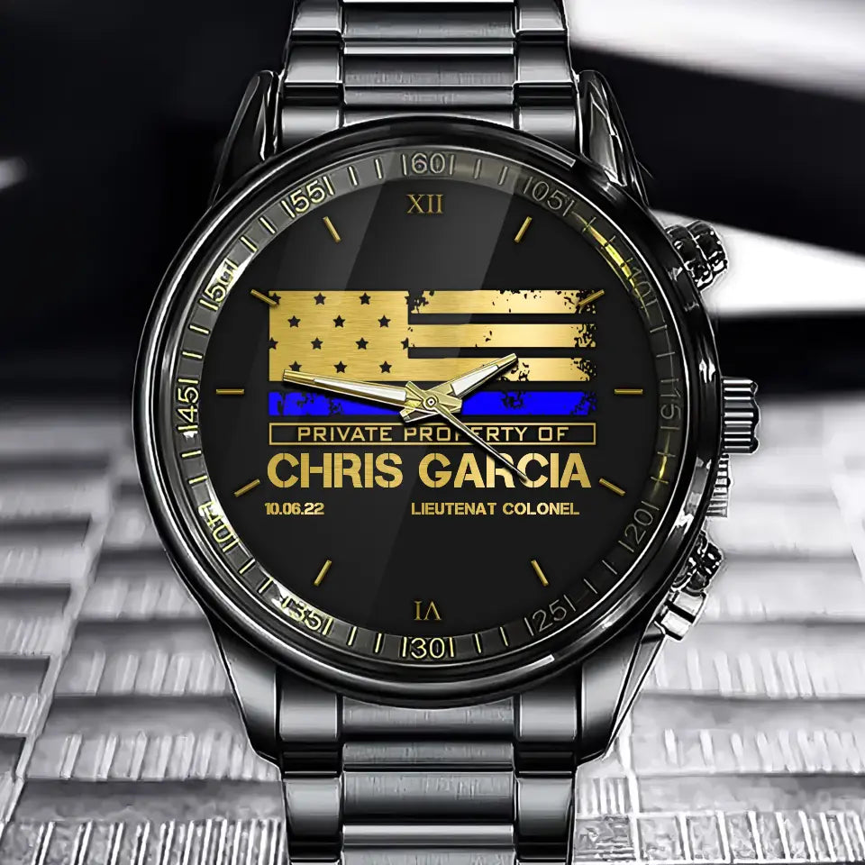 Personalized Thin Blue Line US Flag Private Property Of US Police Custom Name & Time Watch Printed QTKH24957