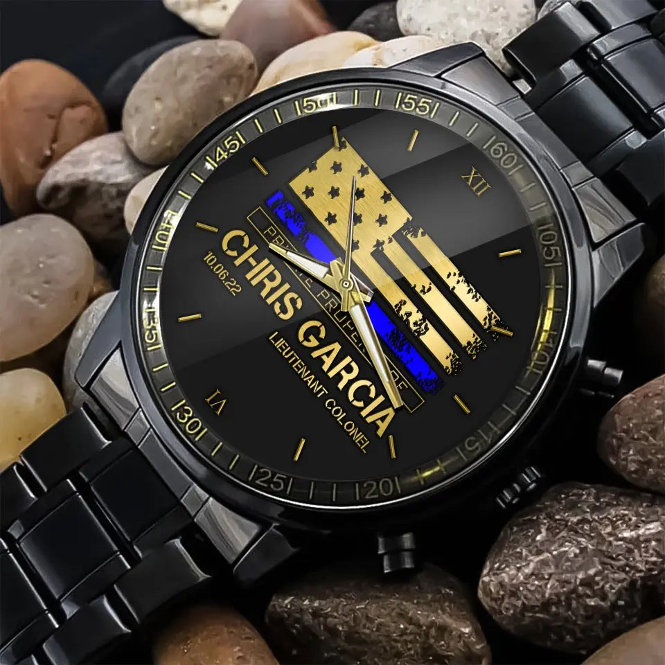 Personalized Thin Blue Line US Flag Private Property Of US Police Custom Name & Time Watch Printed QTKH24957