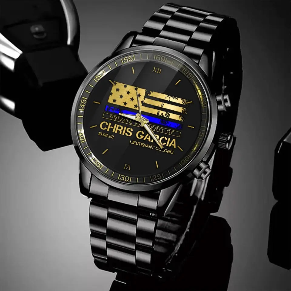 Personalized Thin Blue Line US Flag Private Property Of US Police Custom Name & Time Watch Printed QTKH24957