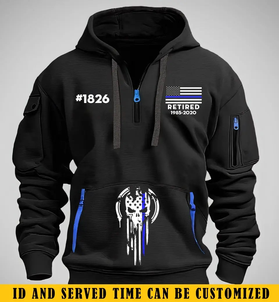 Personalized Retired US Police Custom ID & Time Skull Police Quarter Zip Hoodie 2D Printed KVH24962
