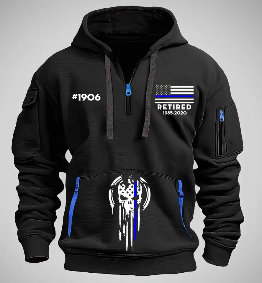 Personalized Retired US Police Custom ID & Time Skull Police Quarter Zip Hoodie 2D Printed KVH24962