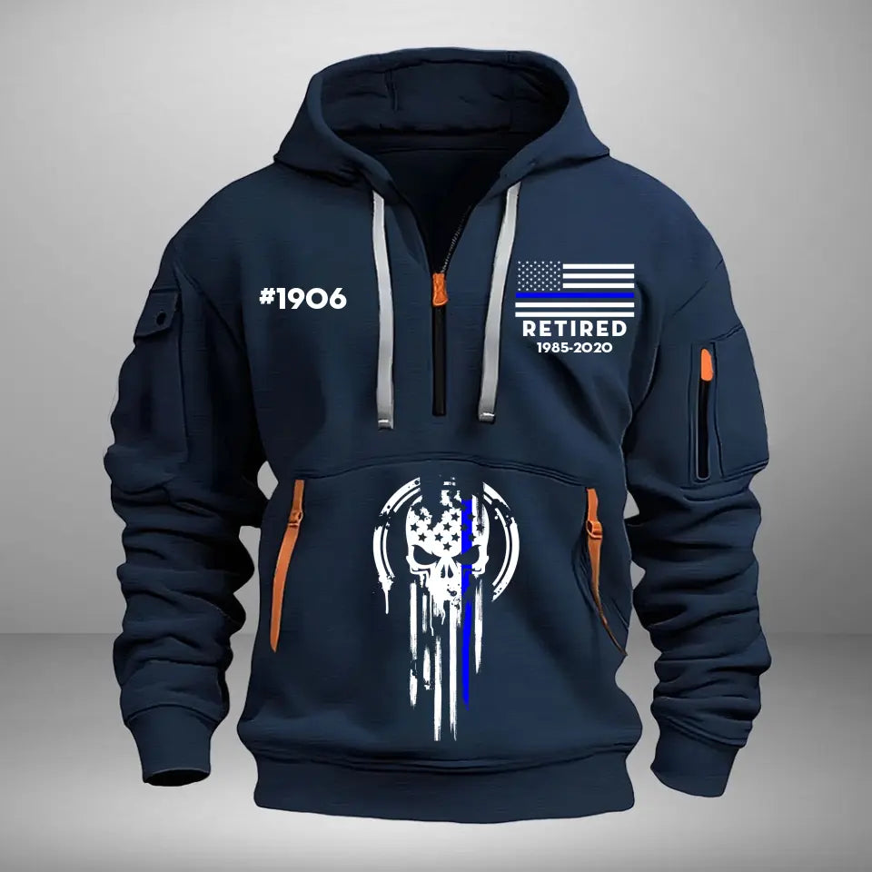 Personalized Retired US Police Custom ID & Time Skull Police Quarter Zip Hoodie 2D Printed KVH24962