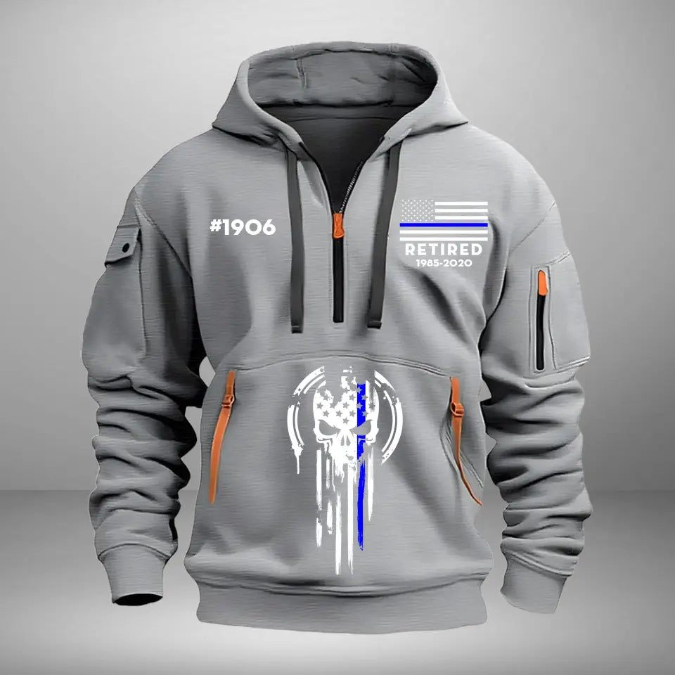 Personalized Retired US Police Custom ID & Time Skull Police Quarter Zip Hoodie 2D Printed KVH24962