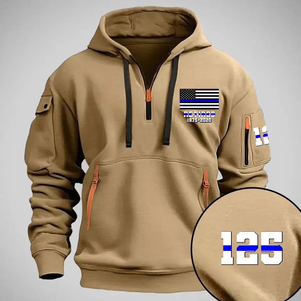 Personalized Retired US Police Flag Custom Name & Time Quarter Zip Hoodie 2D Printed QTVQ24977