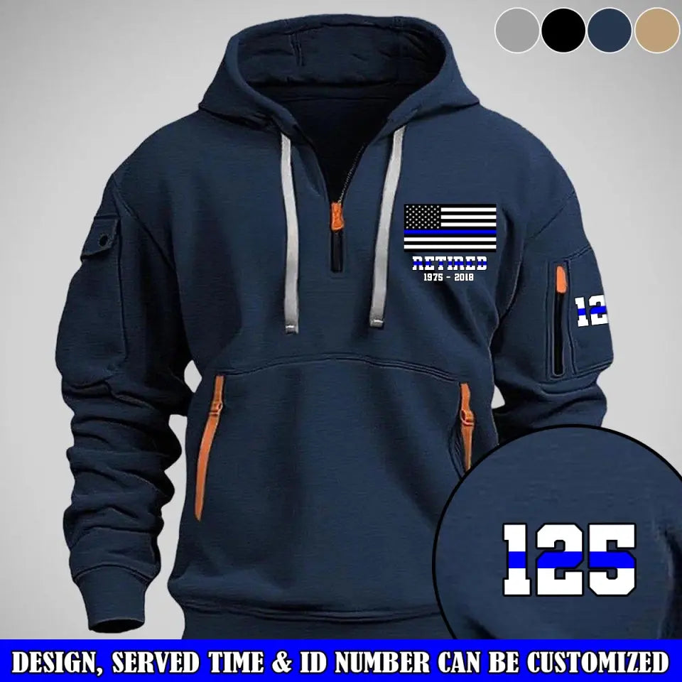 Personalized Retired US Police Flag Custom Name & Time Quarter Zip Hoodie 2D Printed QTVQ24977