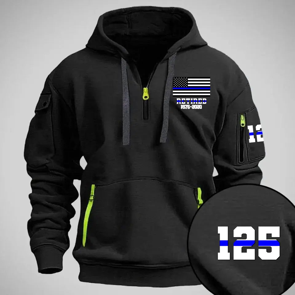 Personalized Retired US Police Flag Custom Name & Time Quarter Zip Hoodie 2D Printed QTVQ24977