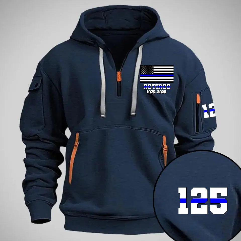 Personalized Retired US Police Flag Custom Name & Time Quarter Zip Hoodie 2D Printed QTVQ24977