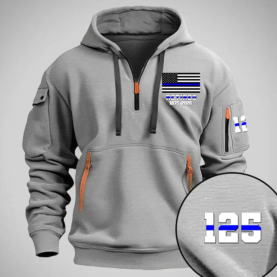 Personalized Retired US Police Flag Custom Name & Time Quarter Zip Hoodie 2D Printed QTVQ24977