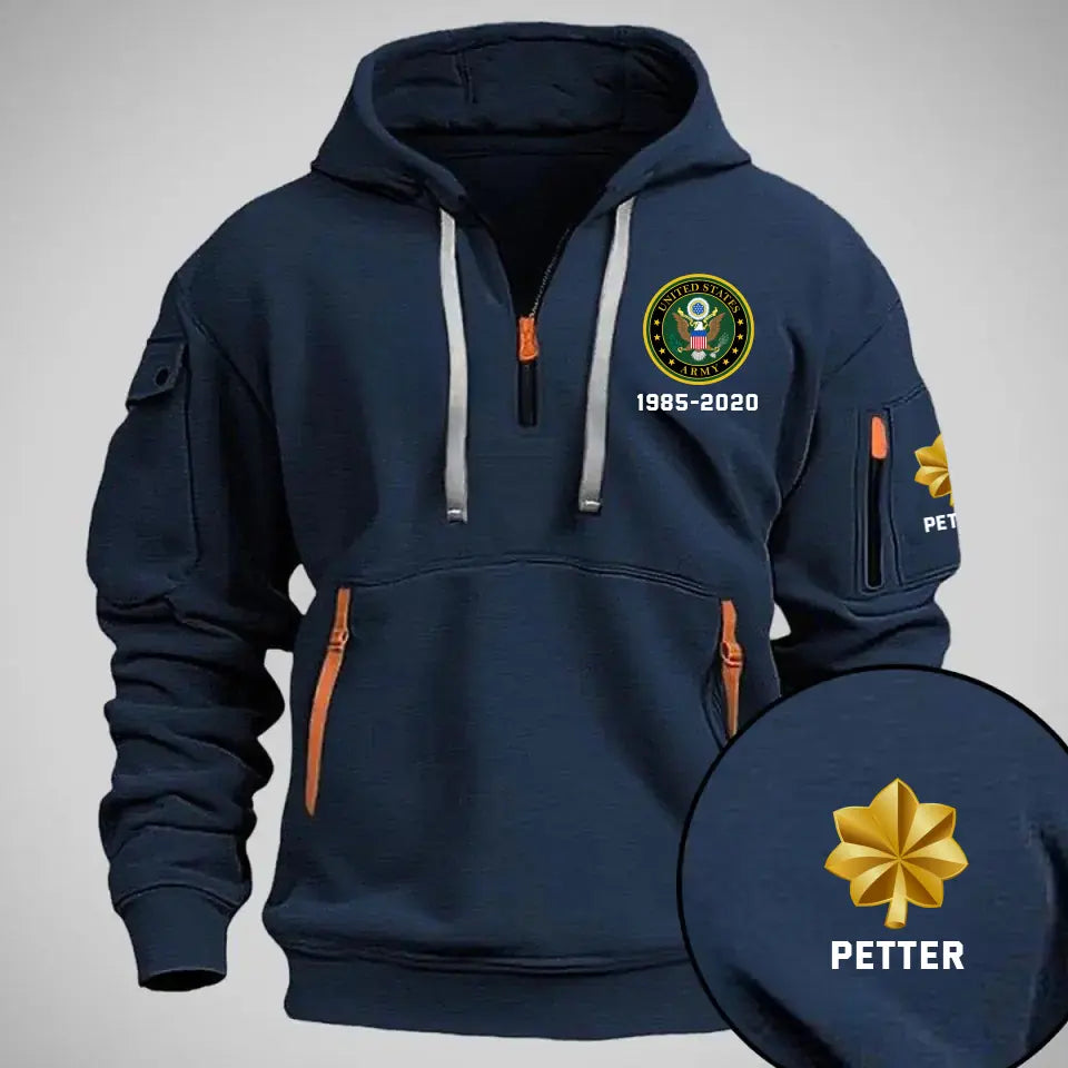 Personalized US Army Logo Custom Rank & Time Quarter Zip Hoodie 2D Printed QTKH24991