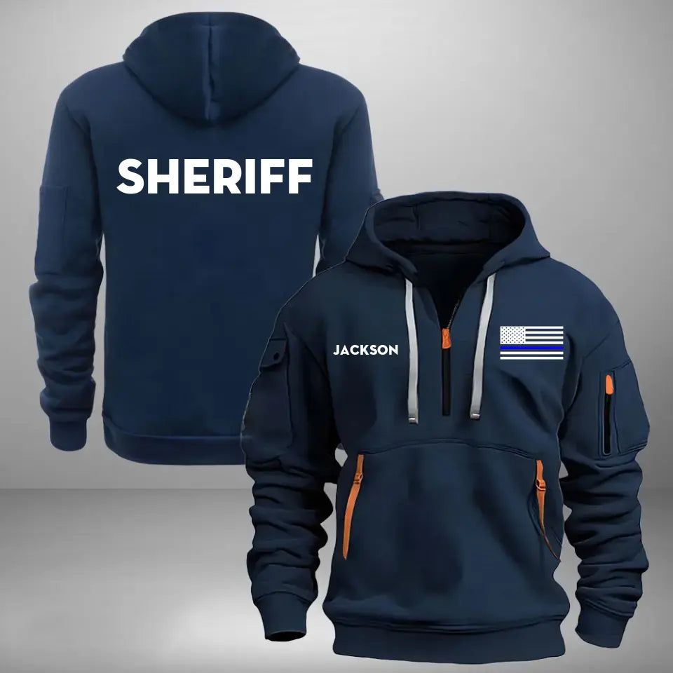Personalized Blueline US Police Flag Custom Name Quarter Zip Hoodie 2D Printed QTKH24996