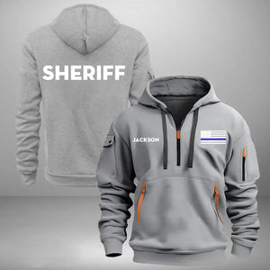 Personalized Blueline US Police Flag Custom Name Quarter Zip Hoodie 2D Printed QTKH24996