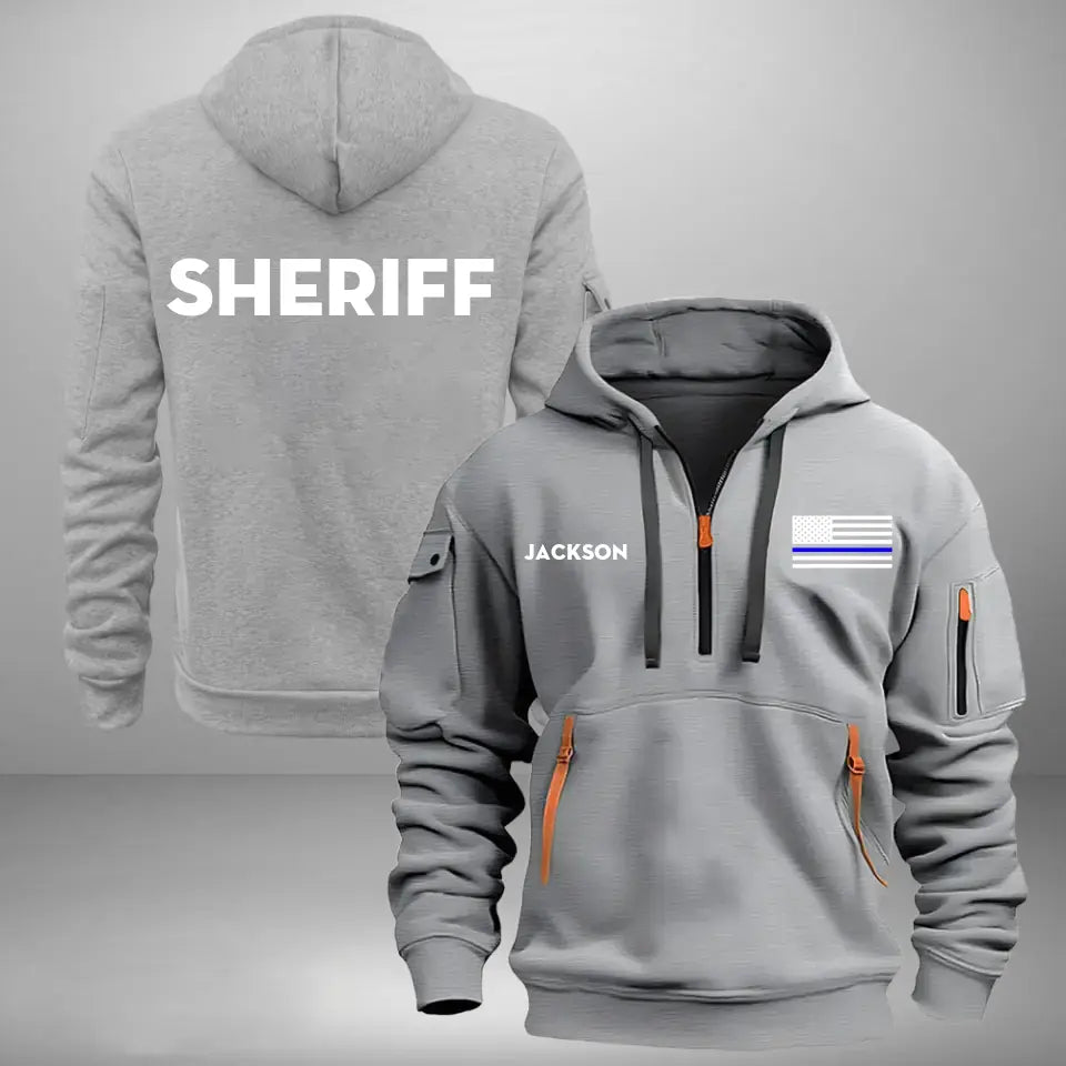 Personalized Blueline US Police Flag Custom Name Quarter Zip Hoodie 2D Printed QTKH24996