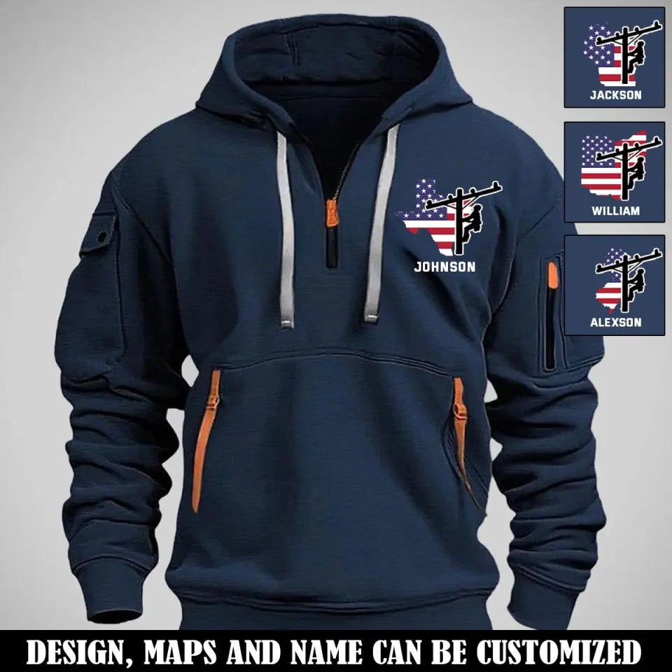 Personalized US State Map Electrician Custom Name Quarter Zip Hoodie 2D Printed VQ241015
