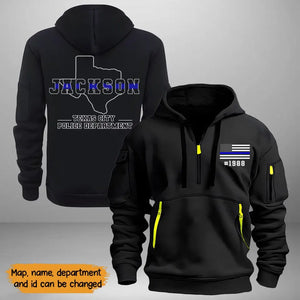Personalized US State Map Thin Blue Line Flag US Police Custom Name & Department Quarter Zip Hoodie 2D Printed KVH241018