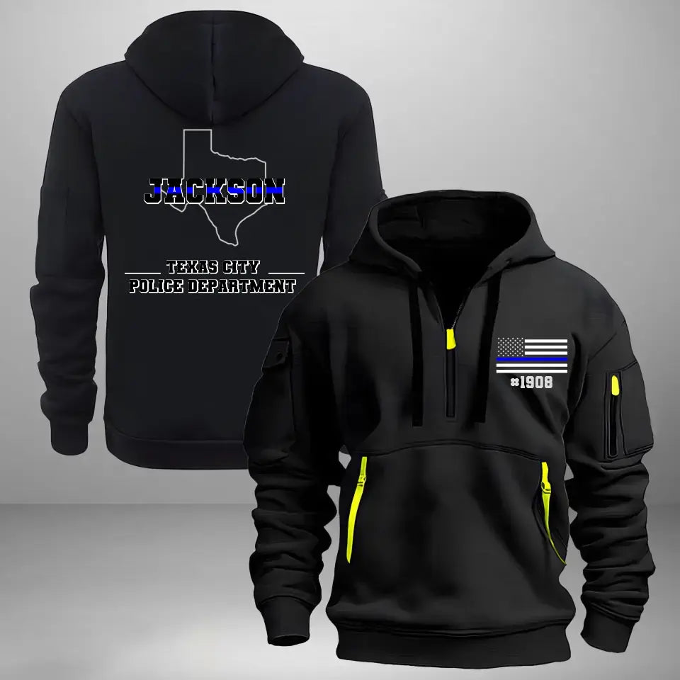 Personalized US State Map Thin Blue Line Flag US Police Custom Name & Department Quarter Zip Hoodie 2D Printed KVH241018