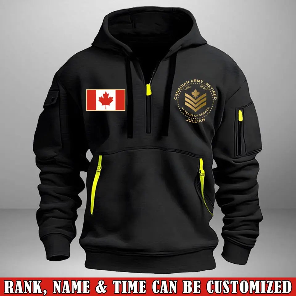 Personalized Canadian Army Retired Rank Gold Custom Name & Service Time Quarter Zip Hoodie 2D Printed AHVA241028