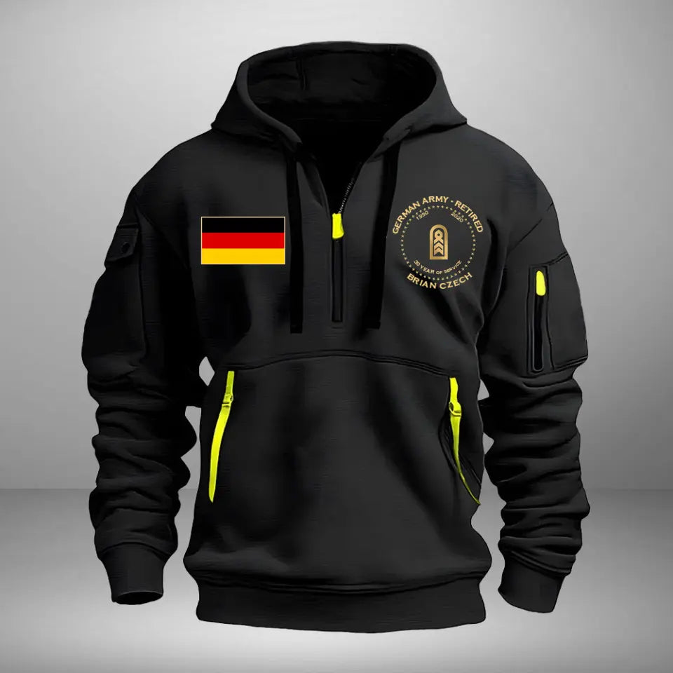 Personalized German Army Retired Rank Gold Custom Name & Service Time Quarter Zip Hoodie 2D Printed AHVA241028