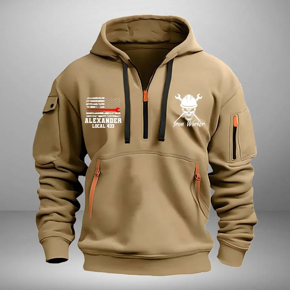 Personalized Iron Worker US Flag Custom Name Quarter Zip Hoodie 2D Printed QTKVH241036