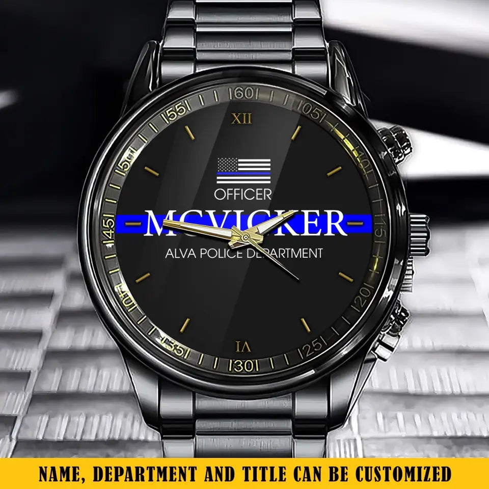 Personalized US Flag Blue Line Custom Name & Department Watch Printed QTKH241052
