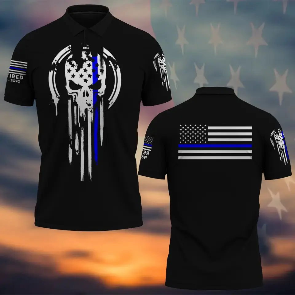Personalized Retired US Police Skull Flag Custom Time Polo Shirt Printed QTKH241067