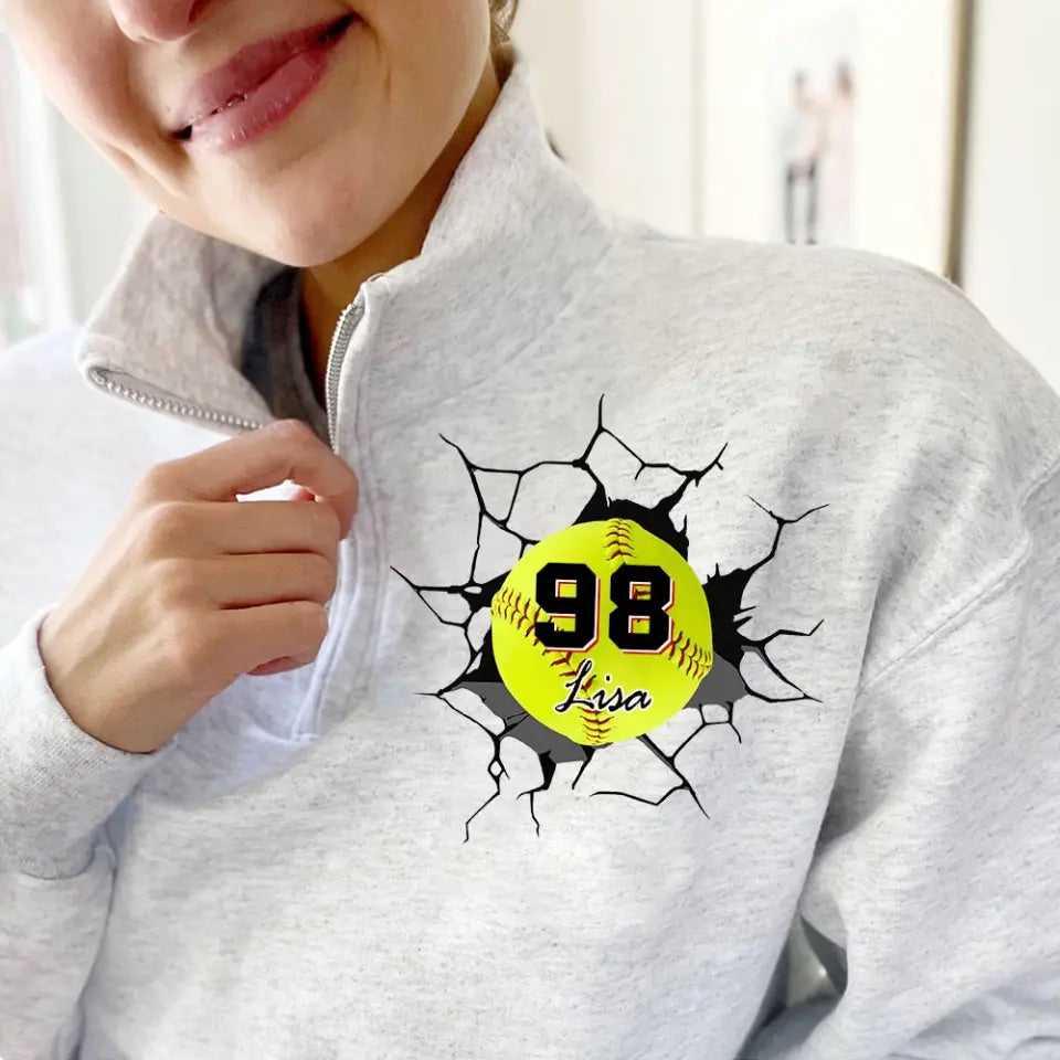 Personalized Softball Player Custom Name & ID Stand Collar Zipper Sweatshirt 2D Printed HN241105