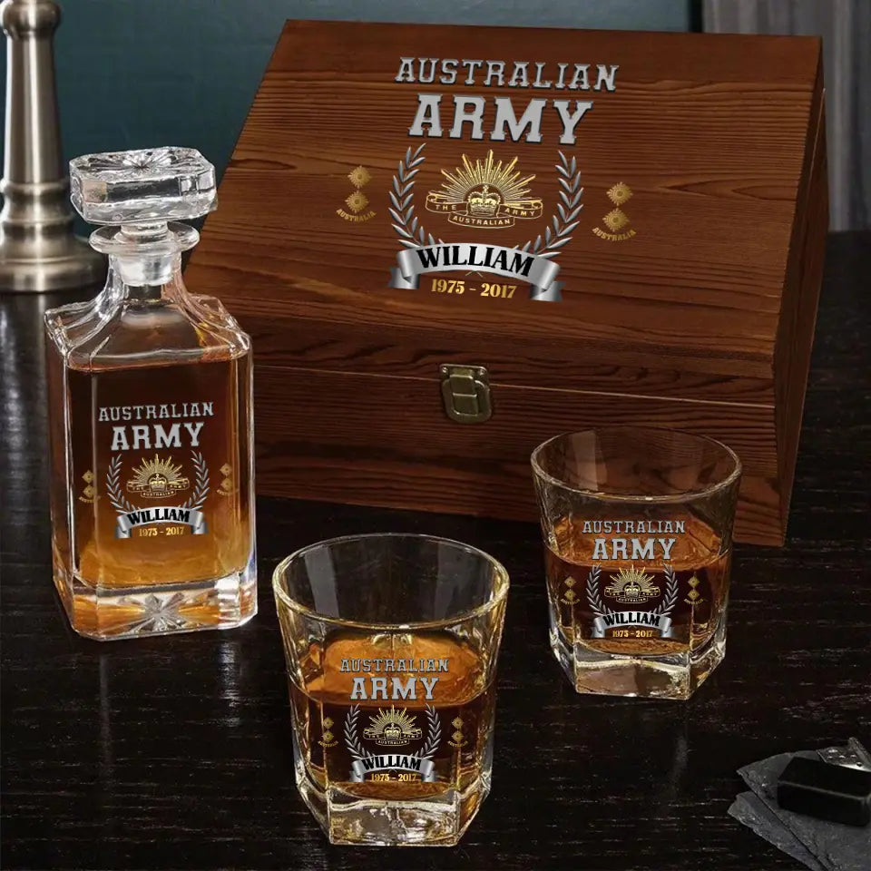 Personalized Australian Army Veteran Rank Gold Custom Name & Time Decanter Set with Glasses Printed AHVQ241109