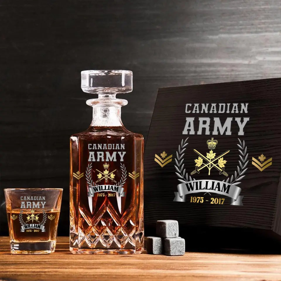 Personalized Canadian Army Rank Gold Custom Name & Time Decanter Set with Glasses Printed AHVQ241109