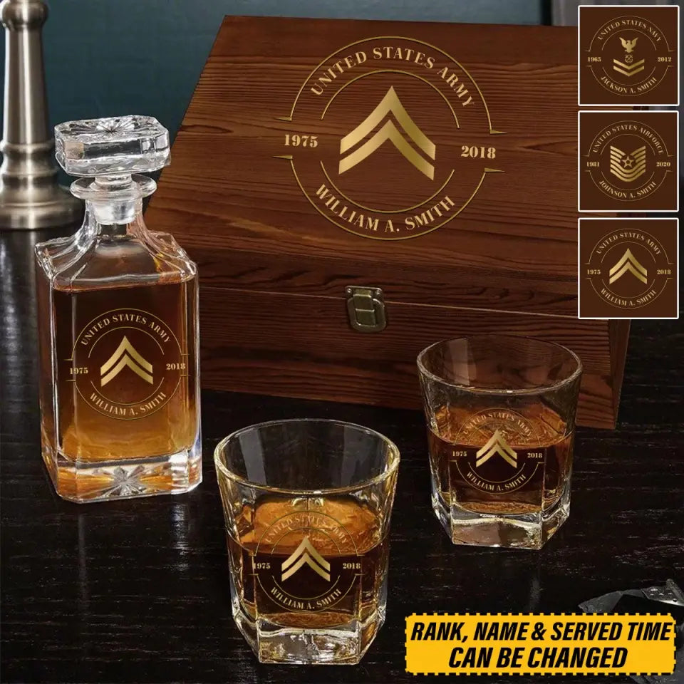 Personalized US Army Logo Rank Gold Custom Time Decanter Set with Glasses Printed AHVQ241135