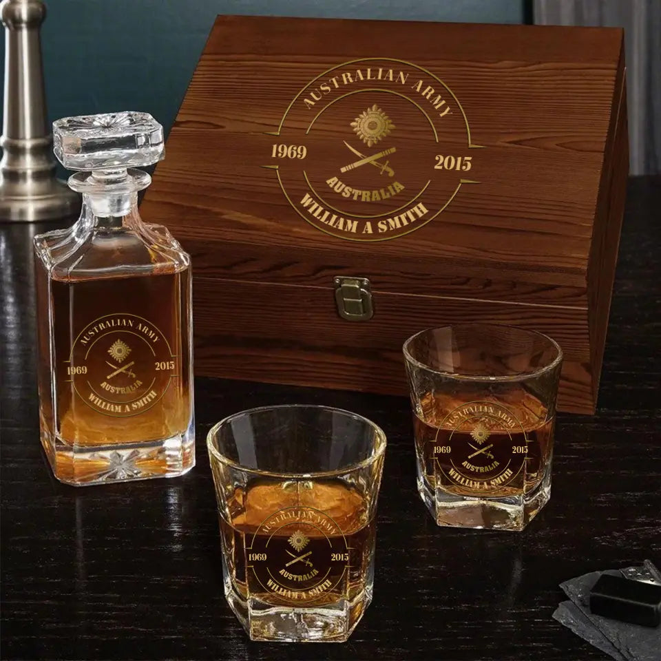 Personalized Australian Army Logo Rank Gold Custom Time Decanter Set with Glasses Printed AHVQ241135