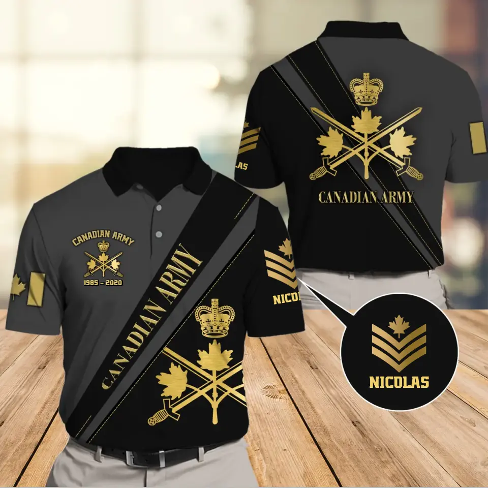 Personalized Canadian Army Logo Rank Gold Custom Name & Time Polo Shirt Printed AHVA241150