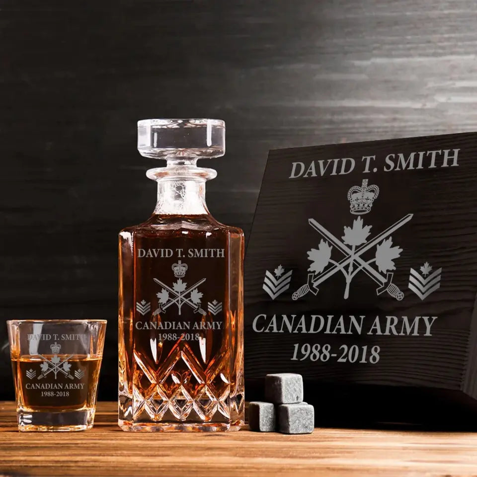 Personalized Canadian Army Logo Custom Rank, Name & Service Time Decanter Set with Glasses Printed KVH241168