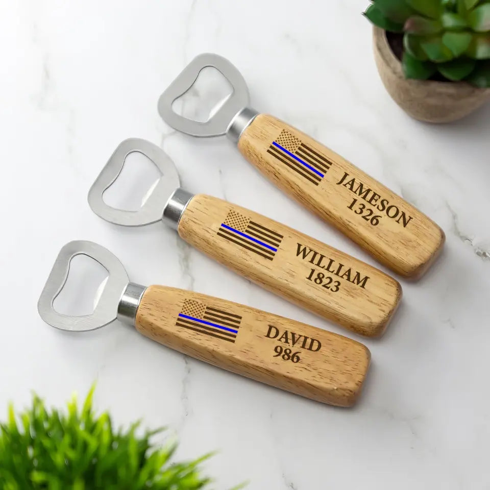 Personalized US Police Flag Blueline Custom Name & ID Wooden Bottle Opener Printed KVH1160