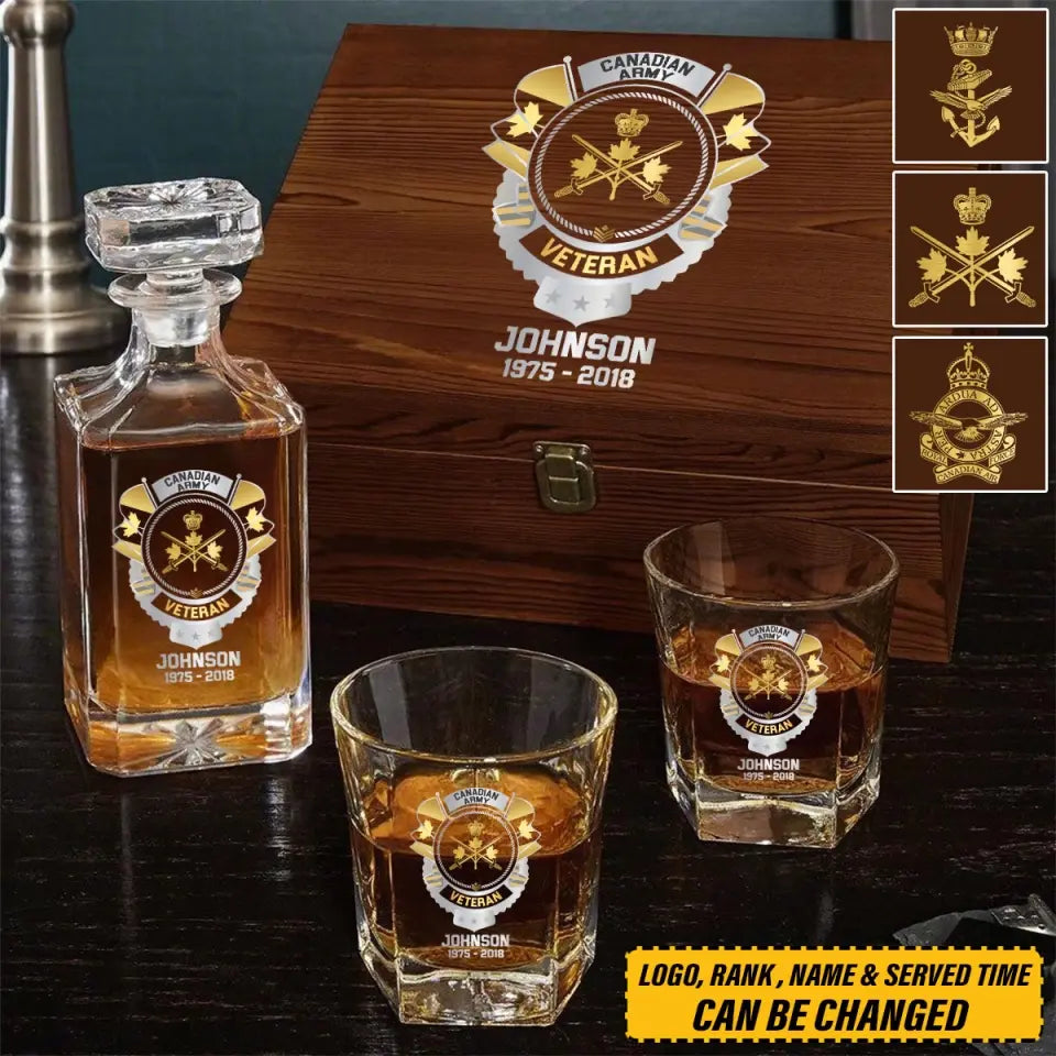 Personalized Canadian Veteran Branch Logo Custom Name & Time Decanter Set with Glasses Printed AHVQ241192