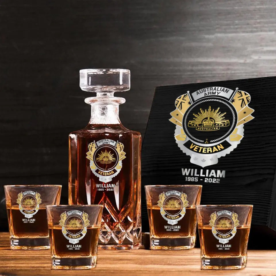Personalized Australian Veteran Branch Logo Custom Name & Time Decanter Set with Glasses Printed AHVQ241192