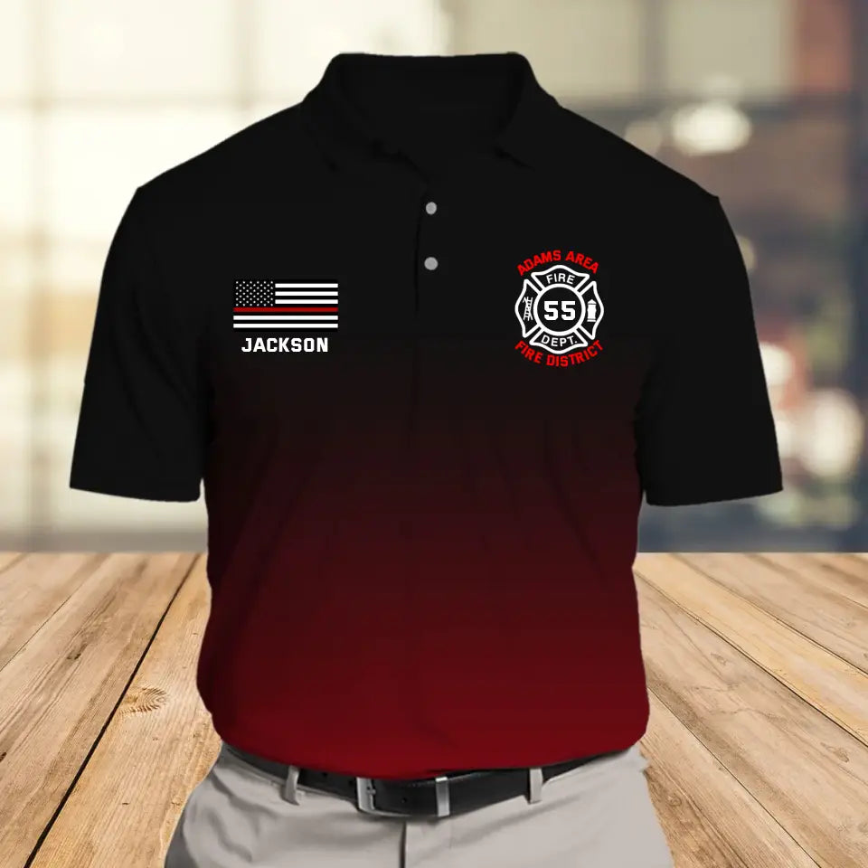 Personalized US Firefighter Flag Thin Red Line Custom ID, Name & Department Polo Shirt Printed QTVQ241206