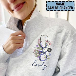 Personalized Floral Stethoscope Nurse Name Gift For Nurse Stand Collar Zipper Sweatshirt 2D Printed LVA241268