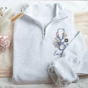Personalized Floral Stethoscope Nurse Name Gift For Nurse Stand Collar Zipper Sweatshirt 2D Printed LVA241268