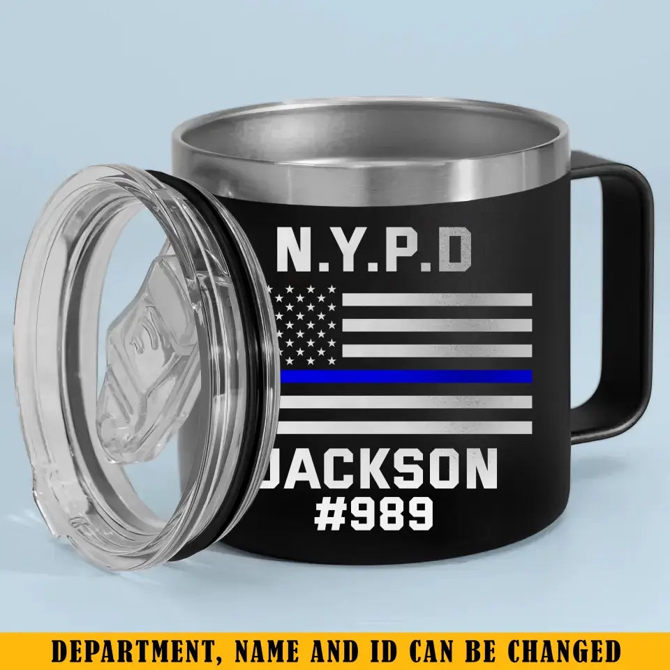 Personalized US Police Department Custom Name & ID Blueline US Flag Coffee Cup 14oz Printed KH241348