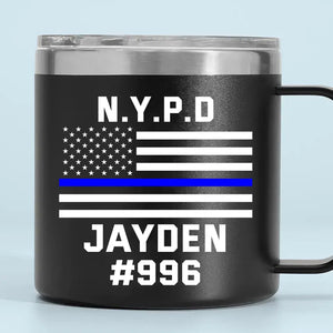 Personalized US Police Department Custom Name & ID Blueline US Flag Coffee Cup 14oz Printed KH241348