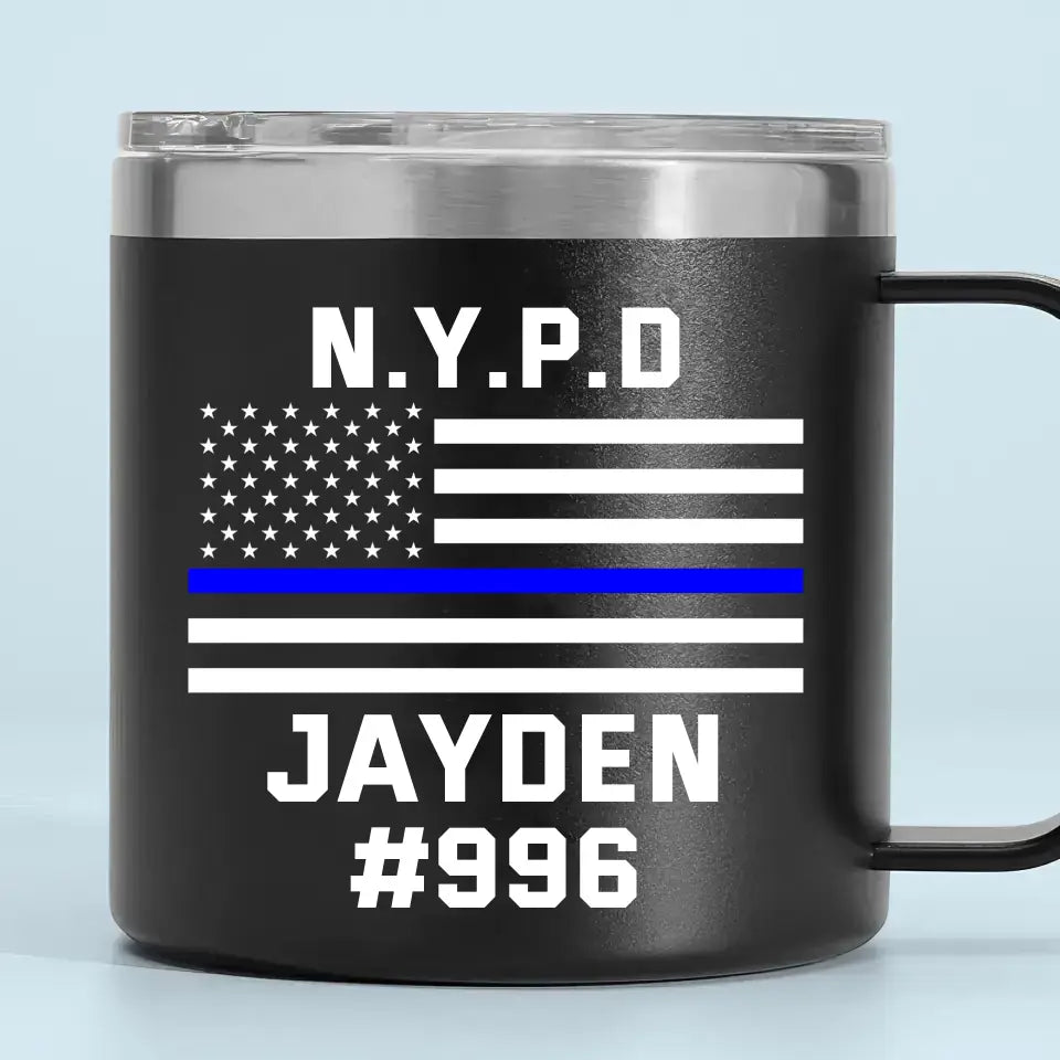 Personalized US Police Department Custom Name & ID Blueline US Flag Coffee Cup 14oz Printed KH241348