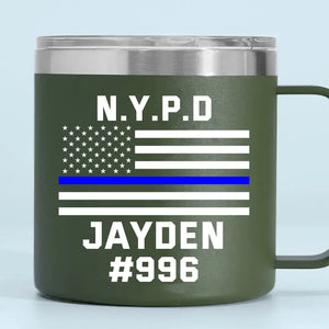 Personalized US Police Department Custom Name & ID Blueline US Flag Coffee Cup 14oz Printed KH241348