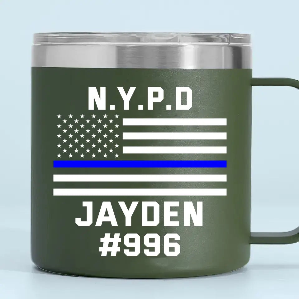 Personalized US Police Department Custom Name & ID Blueline US Flag Coffee Cup 14oz Printed KH241348