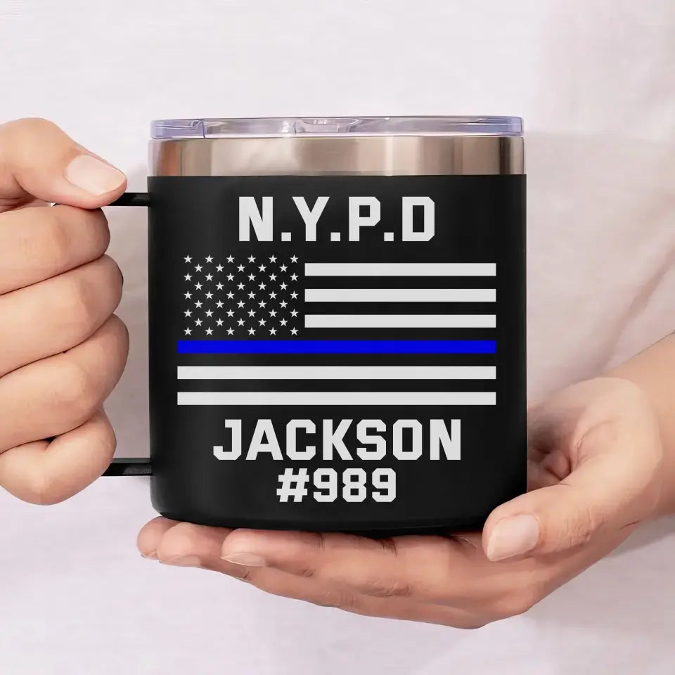 Personalized US Police Department Custom Name & ID Blueline US Flag Coffee Cup 14oz Printed KH241348