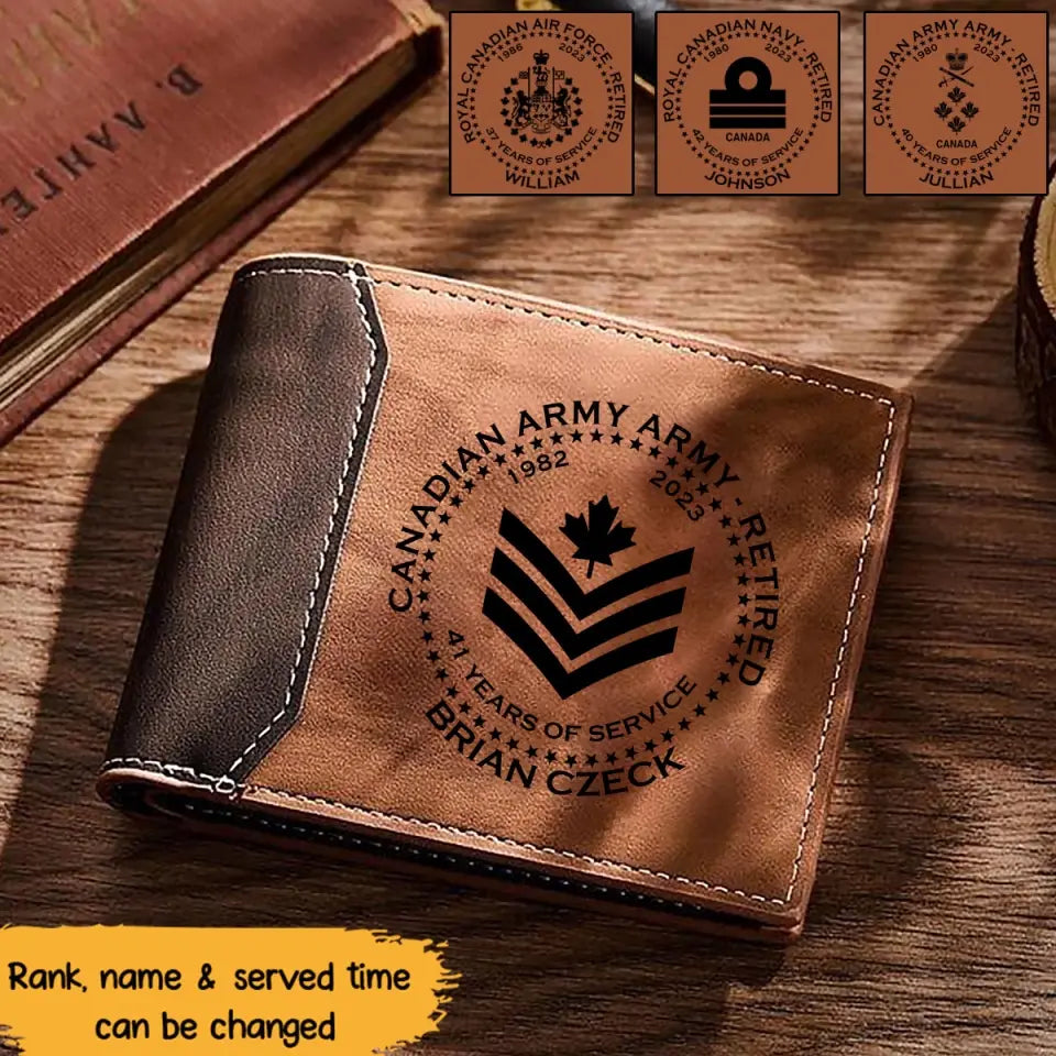Personalized Canadian Army Retired Custom Rank & Name, Service Time Laser Engraved Wallet Printed AHVA241247