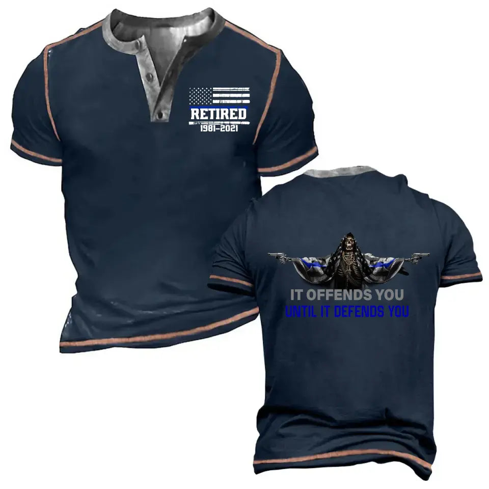 Personalized It Offends You Until It Defends You Retired US Police Death Skull Lapel Button Men's Short Sleeves Neck Short Sleeve Button T shirt Printed AHVA241417